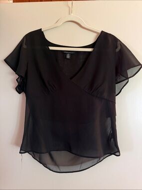 Kenneth Cole Black Sheer V-Neck Flutter Sleeve Blouse